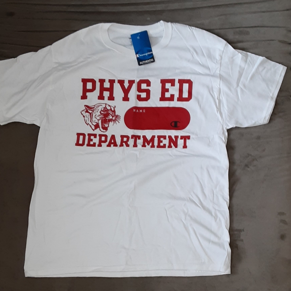 Champion PE Teacher Men's White Shirt Size L  Deparment Red Logo NEW